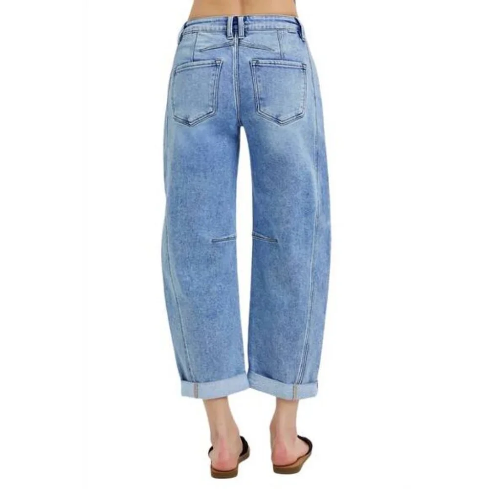 Risen Jeans RDP5901 High Rise‎ Barrel Medium Wash Adjustable Cuff Hem Size 30/11